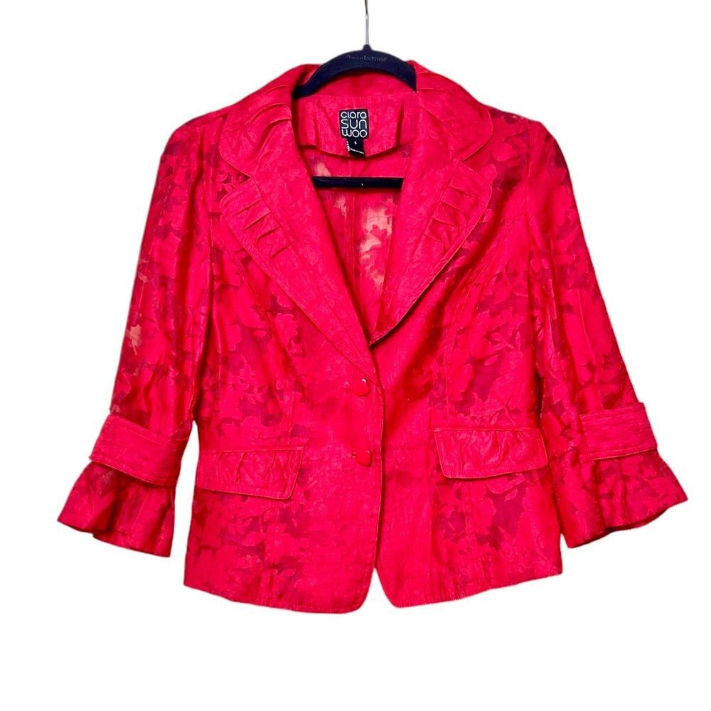 Clara Sun Woo floral pattern red button down blazer top shirt cuffed size small
